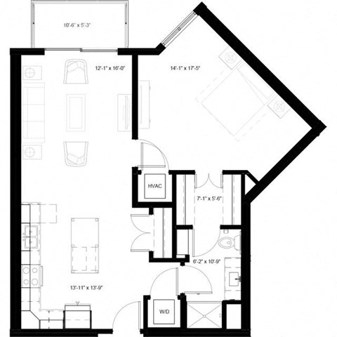 Floor plan for 1 bed, 1 bath, 856 sqft